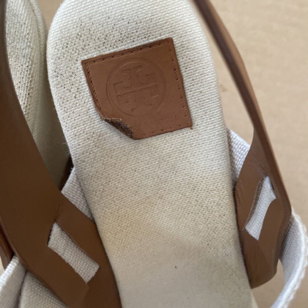Tory Burch Sandals 9.5 Espadrille‎ Slingback Cream Brown Canvas Casual Wedges - Picture 4 of 11